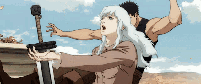 a man is holding a sword and a woman is holding a sword