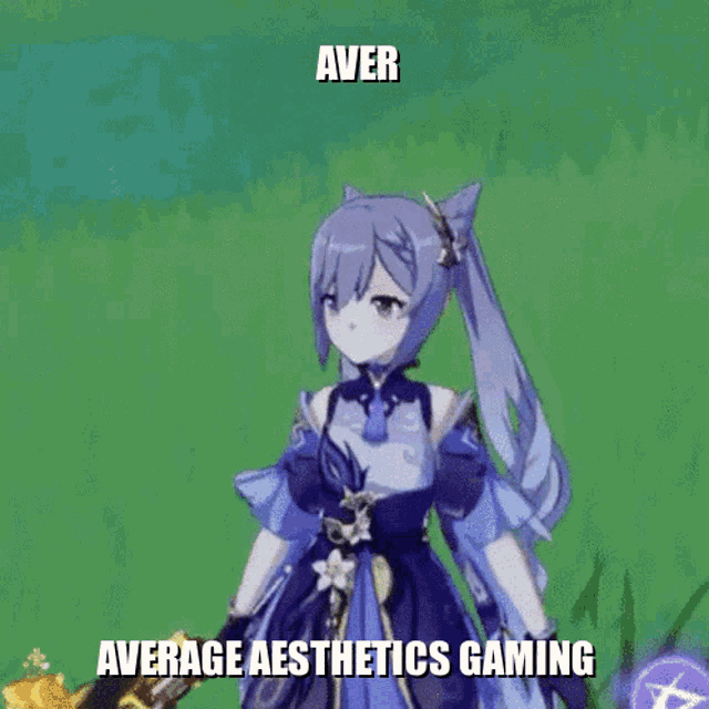 a girl in a purple dress is standing in front of a green background and says aver average aesthetics gaming
