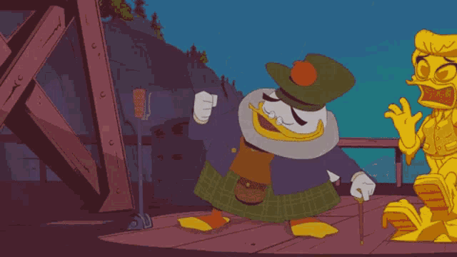 a cartoon of a duck with a cane standing next to a gold duck