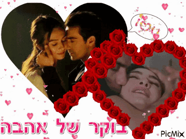 a picture of a man and woman surrounded by red roses with a speech bubble that says " love "