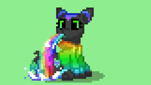 a pixel art drawing of a black cat with a rainbow coming out of its mouth