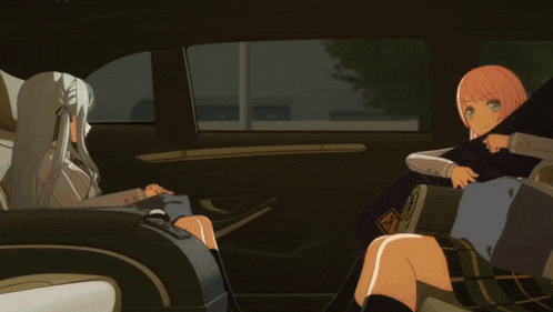 two anime girls sit in the back seat of a car talking