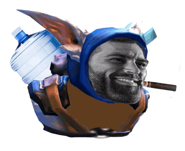 a man with a beard is smoking a cigar and wearing a blue hood