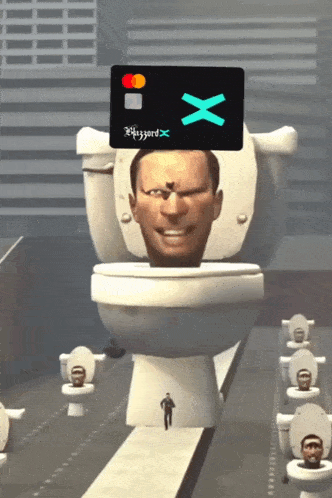 a toilet with a man 's head and a mastercard card on top