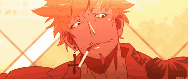 a cartoon of a man smoking a cigarette with a cross on his ear