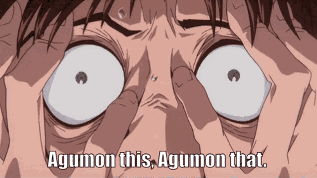 a close up of a person 's face with the words " agumon this agumon that "