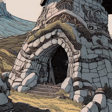 a drawing of a stone building with a doorway and stairs