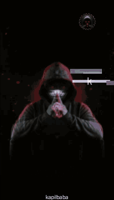 a picture of a man in a hoodie with a mask on his face and the words kapilbaba below him