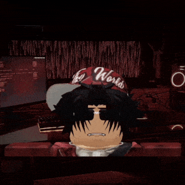 a cartoon character wearing a red hat that says the works