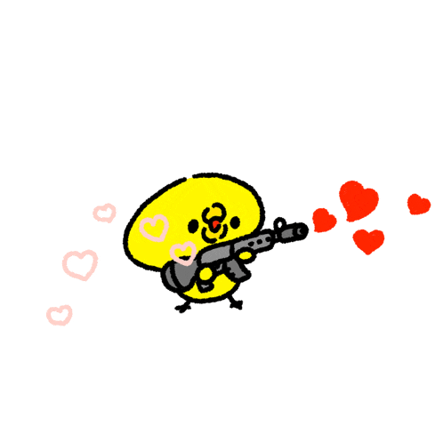 a cartoon drawing of a chicken holding a gun with hearts around it