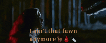 a woman in a dark forest with the words " i ain t that fawn anymore "