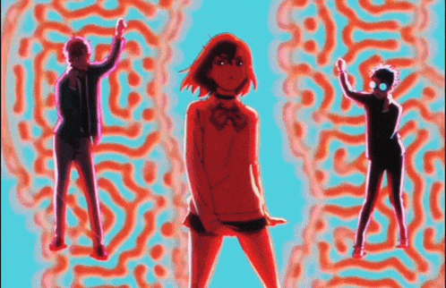 a group of anime characters are dancing in front of a psychedelic pattern