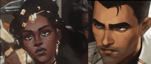 a man and a woman are standing next to each other and looking at each other