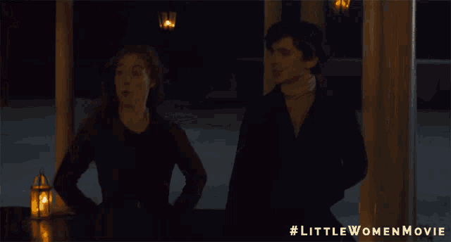 a man and a woman are standing on a porch with the words little women movie written below them