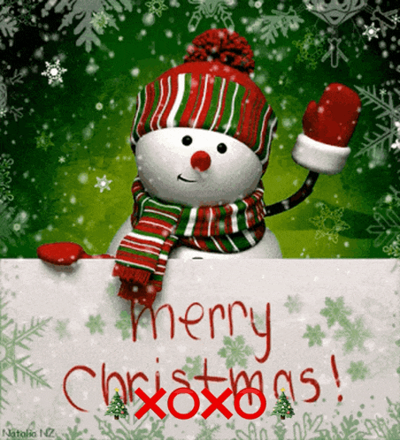a snowman in a striped hat and scarf holds a sign that says merry christmas