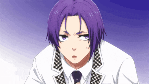 a man with purple hair is wearing a white jacket and tie