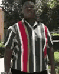 a man in a red , white and black striped shirt is standing in a park .