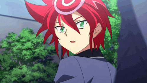 a red haired anime character with green eyes and a circle on his head