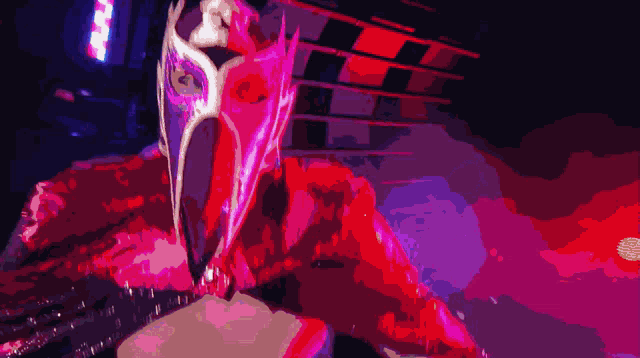 a painting of a person wearing a red mask with a crown on their head