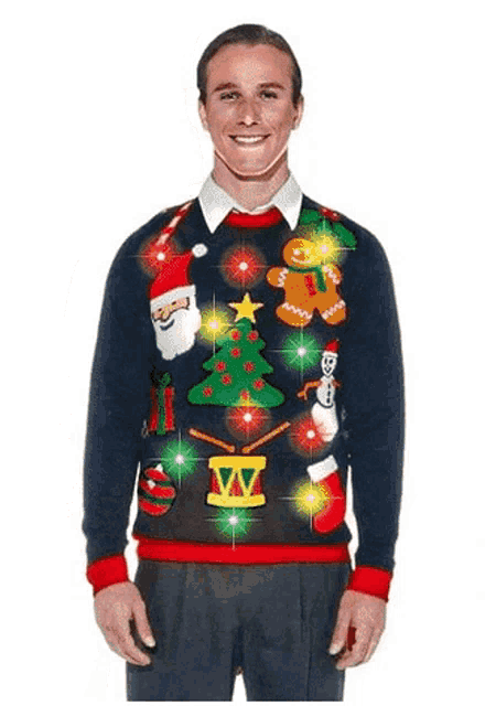 a man is wearing a christmas sweater with reindeer and santa on it