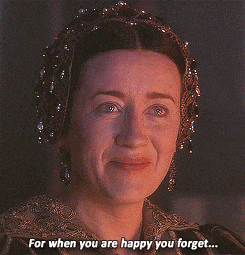 a woman in a costume says " for when you are happy you forget "