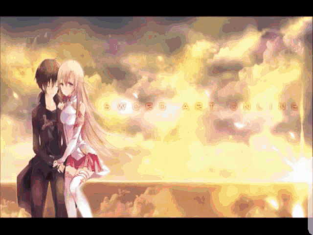 a sword art online poster shows a man and a woman hugging