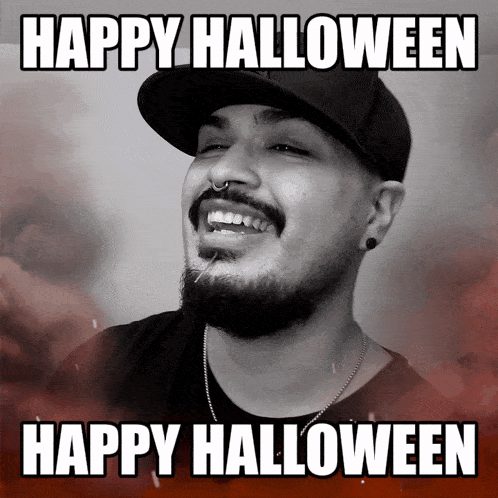 a black and white photo of a man with a beard and a happy halloween message