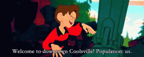 a cartoon of a boy with the words welcome to downtown coolsville population us below him