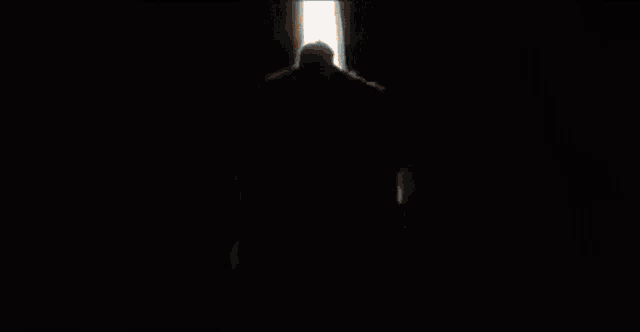 a man is peeking through a wooden door holding the handle .