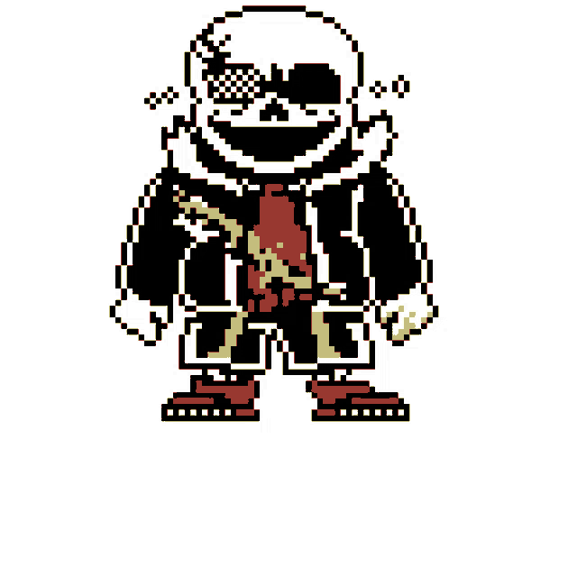 a pixel art drawing of a skeleton wearing a red tie and a black jacket .