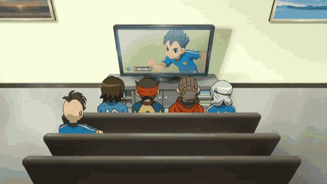 a group of cartoon characters are sitting in front of a television watching a game