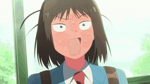 a girl in a blue shirt and red tie making a funny face