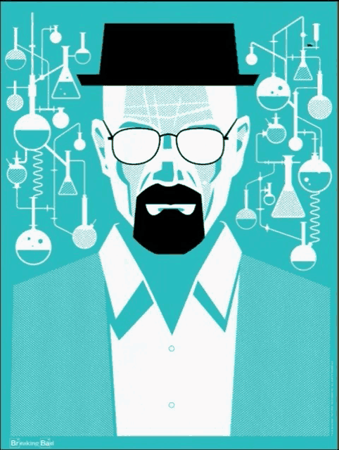 a poster for breaking bad shows a man in a hat and glasses