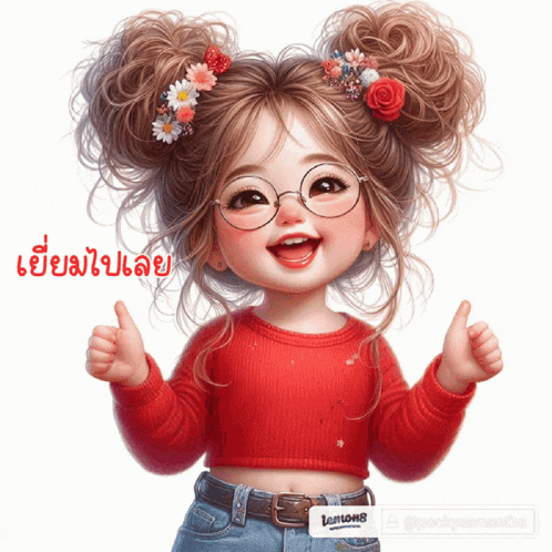 a little girl in a red sweater is giving a thumbs up