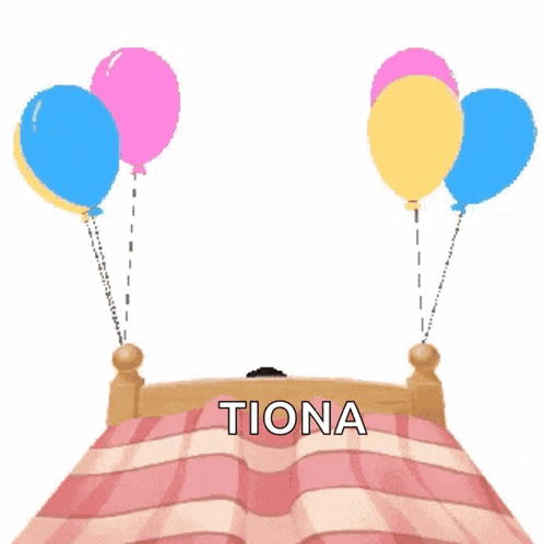 a girl in a bed with balloons and the name tiona on the bottom