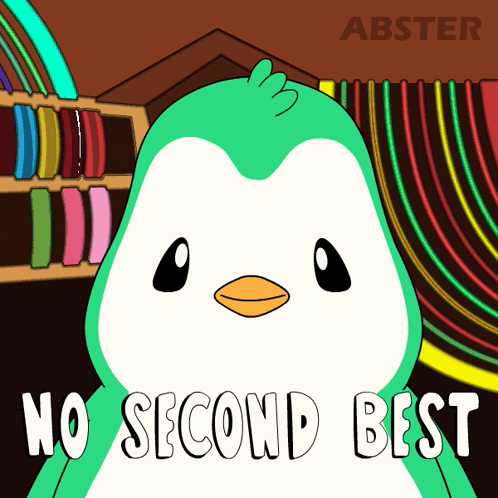 a cartoon penguin says no second best in front of a colorful background