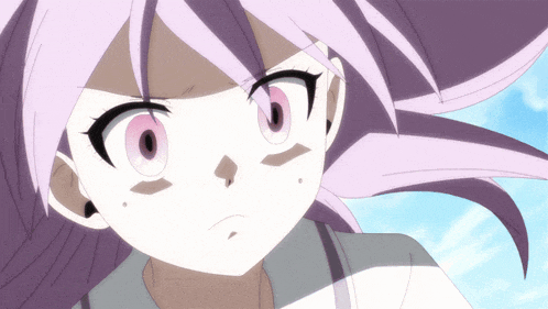 a girl with purple hair and pink eyes looks at the camera