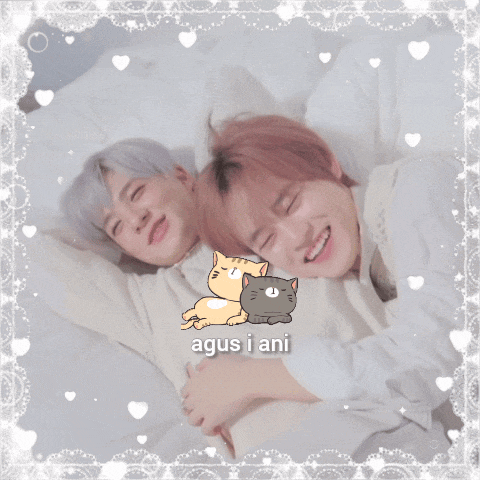 two boys are laying on a bed with a cat and the words agus i ani