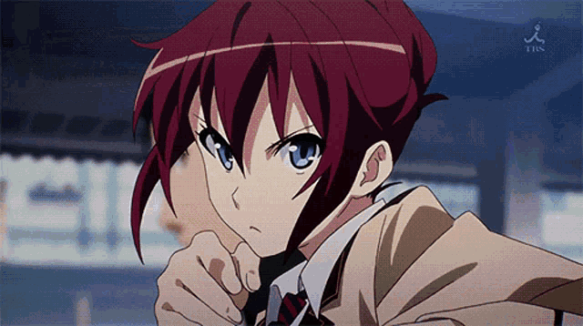 a close up of a red haired anime girl with a tbs logo in the corner