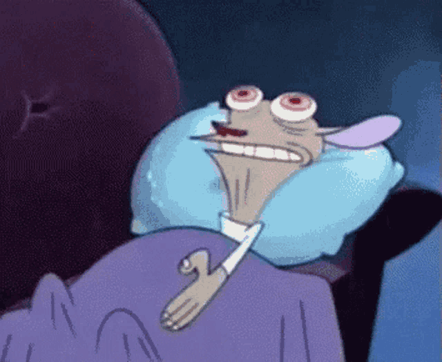 a cartoon character is laying in bed with a blue pillow on his head .