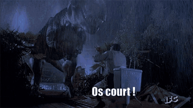 a t-rex is standing next to a trash can and says os court