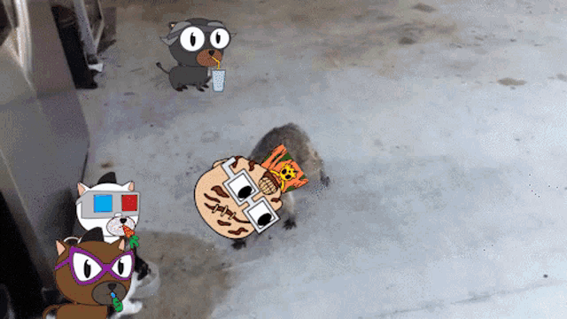 a group of cartoon characters including one wearing 3d glasses are standing on a concrete surface