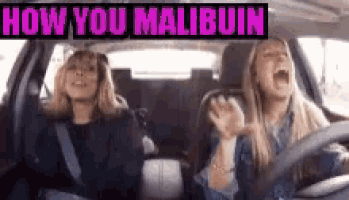 two women are sitting in a car laughing and singing .