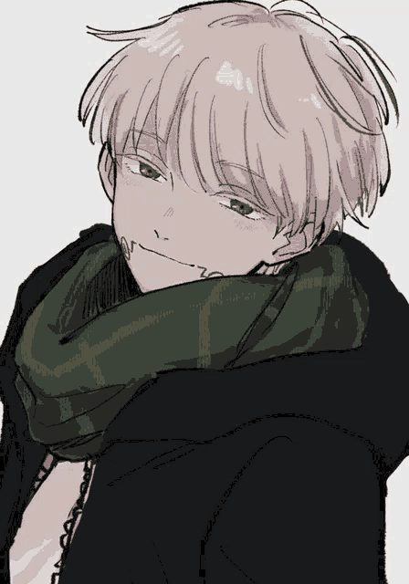 a drawing of a boy wearing a scarf and a black jacket