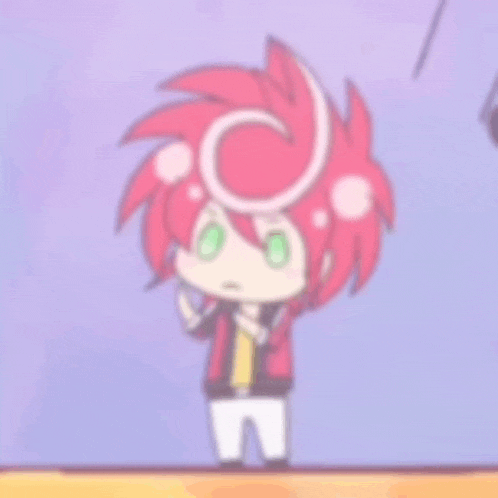 a blurred image of a cartoon character with red hair and green eyes standing on a stage .