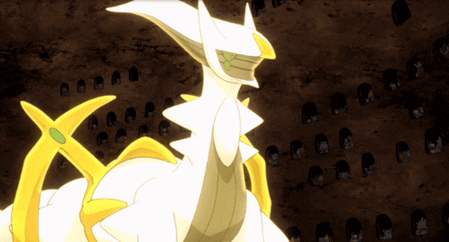 a cartoon drawing of a white and yellow monster with a green eye