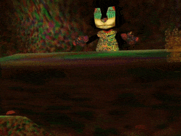 a computer generated image of a cartoon character in a colorful landscape