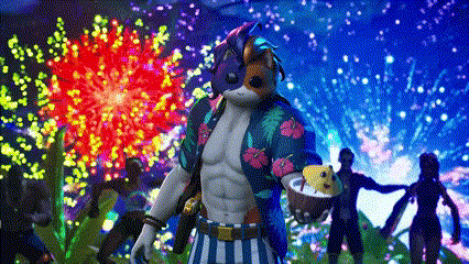 a man in a hawaiian shirt is standing in front of a fireworks display holding a cupcake .