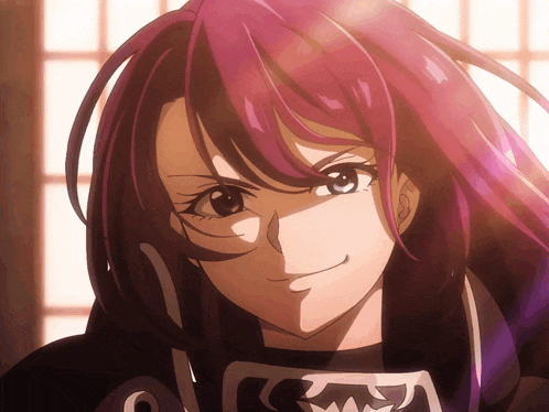 a close up of a girl with purple hair and a black shirt with the letter a on it