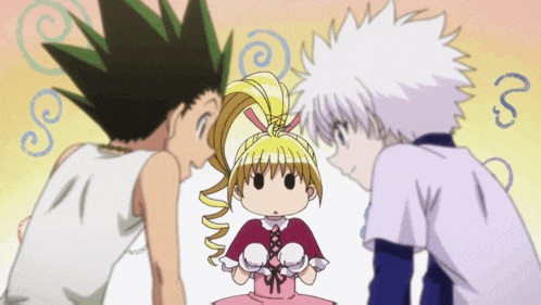 three anime characters are standing next to each other and one of them has a ponytail